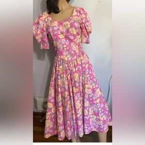 VTG Laura Ashley  Dress Cottagecore Puff Sleeve Pink Floral 8 Large Bow